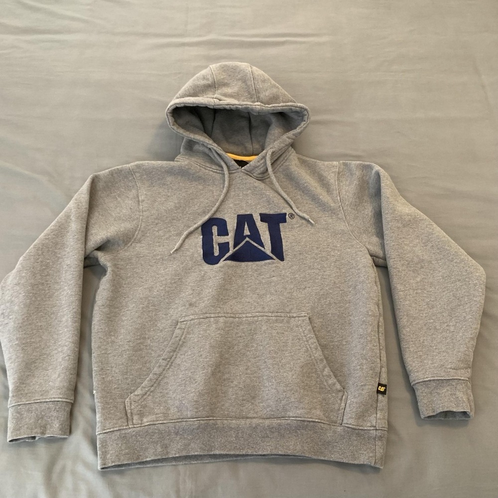 CAT Hoodie Mens Medium Gray Pullover Fleece Workwear Logo Hooded Sweatshirt